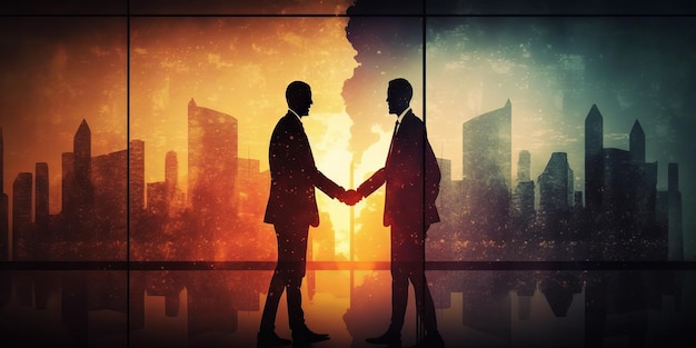 Businessmen making handshake with partner greeting dealing merger and acquisition business cooperation concept panoramic banner copy space for business finance and investment background
