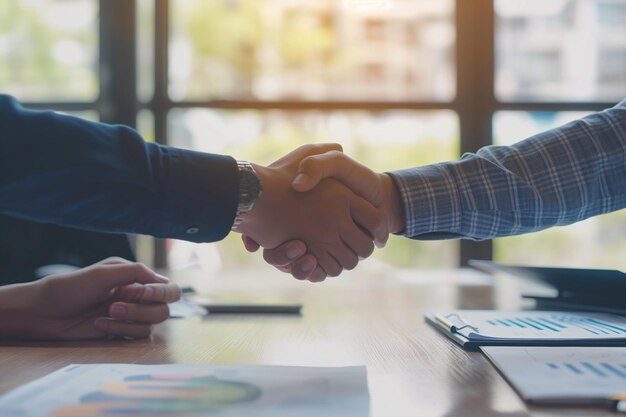 Photo businessmen making handshake with partner greeting dealing merger and acquisition business