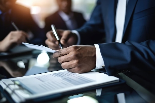 Photo businessmen in office with tablet and hands gestures