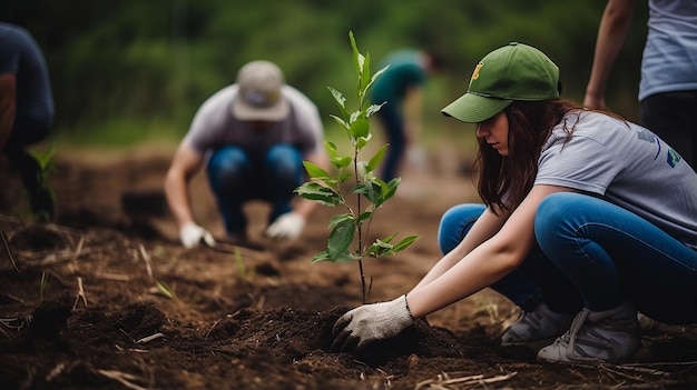 Foto uomini d'affari che piantano piante giovani volontari piantano alberi all'aria aperta scavano il terreno e parlano allegramente un gruppo di persone determinate piantano giovani piantine sul terreno