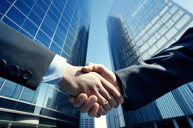 Businessmen shaking hands on abstract city background teamwork concept Closing a business deal Confirmation of the contract with a handshake