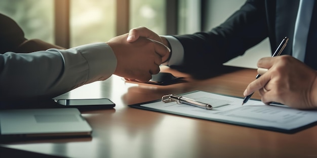 Businessmen shaking hands as they convene for a discussion and a collaboration Businessmen handshake Generative Ai