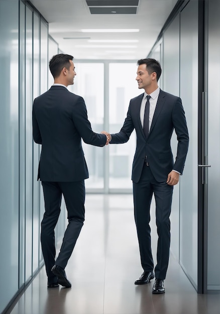 Бизнесмены пожимают друг другу руки в коридоре
