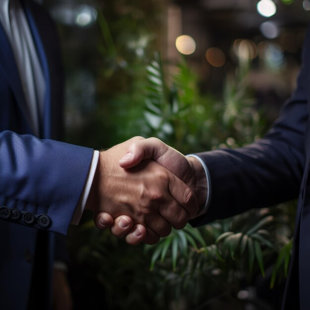 Photo businessmen shaking hands in front of foliage