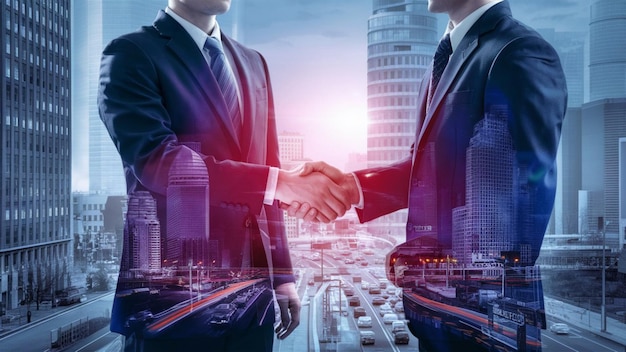 businessmen shaking hands in the heart of a bustling corporate cityscape