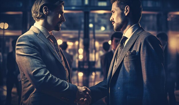 Photo businessmen shaking hands at an office building