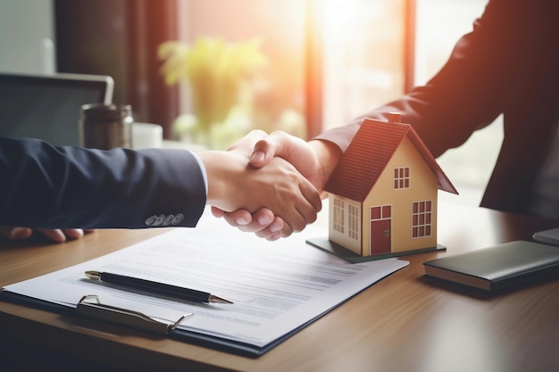 Businessmen shaking hands in a real estate agency The conclusion of a business transaction with real estate Confirmation of the contract with a handshake Mortgage Renting and buying a house
