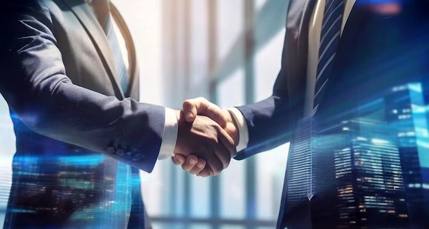 Businessmen shaking hands with partners introducing themselves transacting business merging