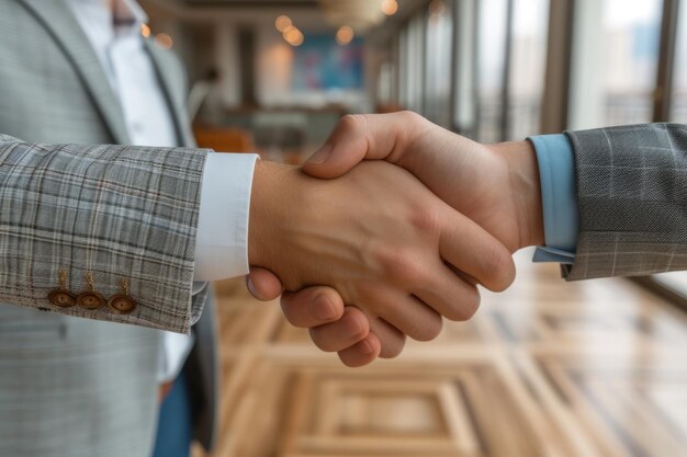 Businessmen in suits shaking hands in agreement after successful negotiations in modern office space