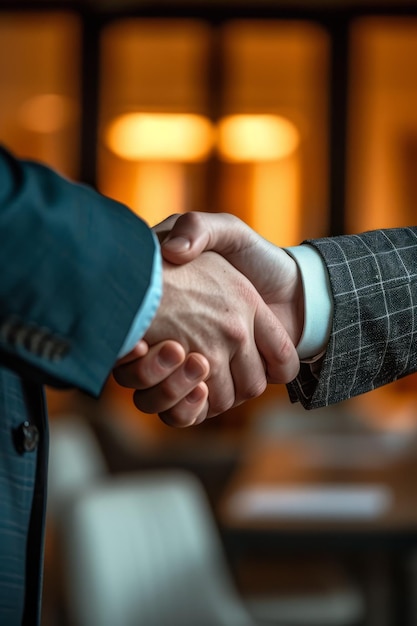 Businessmen in suits shaking hands in agreement
