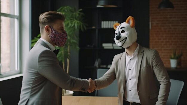 Businessmen wearing animal masks shaking hands at a conference while smiling and laughing Generative AI