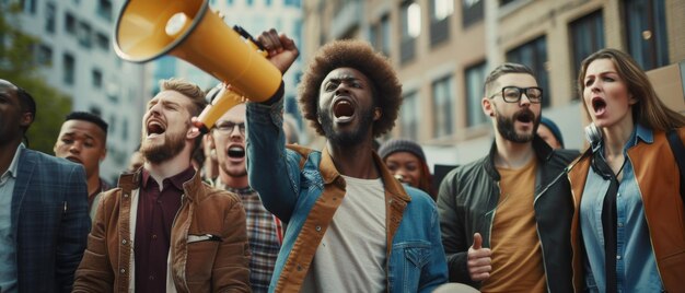 Businessmen and women holding a megaphone and picket signs and posters They are screaming for justice during a strike in response to the economic crisis