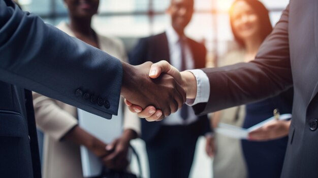 Photo businessmen and women shaking hands in a successful corporation