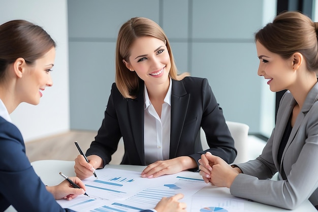 Бизнесмены обсуждают работу или продавец или инвестиционный консультант очень дружелюбно разговаривают с женщинами-клиентами