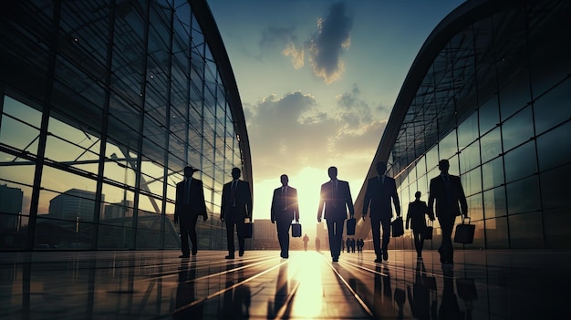 Businesspeople hurrying at modern office building