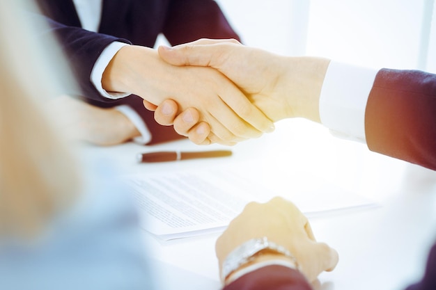 Businesspeople or lawyers shaking hands finishing up meeting or\
negotiation in sunny office. business handshake and\
partnership