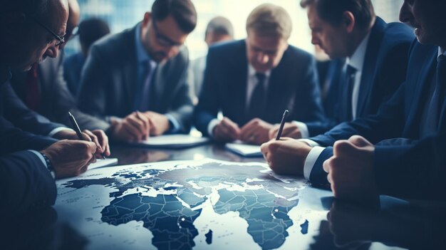 Photo businesspeople at a meeting over a table discussing work plan