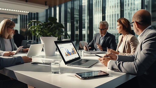 Businesspeople meeting on their project with digital device and office supplies on white desk