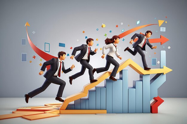 Photo businesspeople running over graph arrows business concept isolated