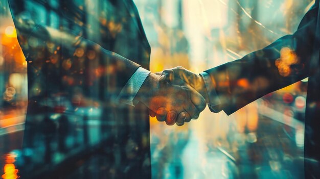 Photo businesspeople shaking hands over city street silhouettes of people on an abstract city background modern business