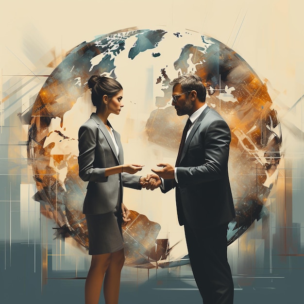 Businesspeople shaking hands with a globe