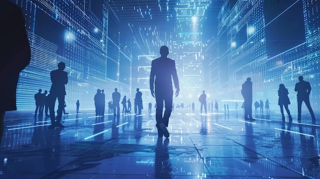 businesspeople silhouettes against a backdrop of ai algorithms