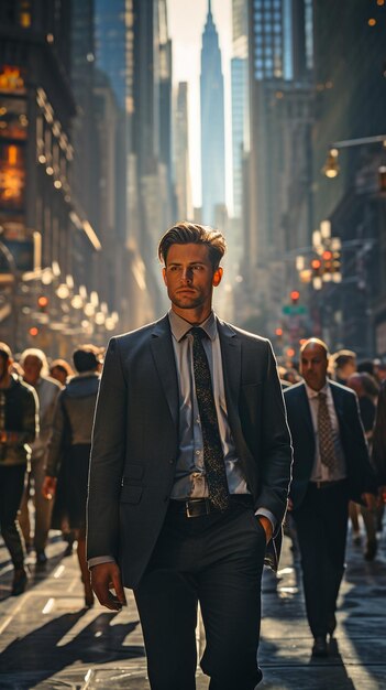 Businesspeople surrounded by skyscrapers on a busy metropolitan street