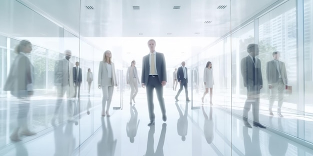 Businesspeople on a white glass office background are blurred Generative Ai
