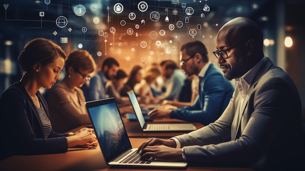 Businesspeople working in a meeting working in studio with a city city light background and skyline