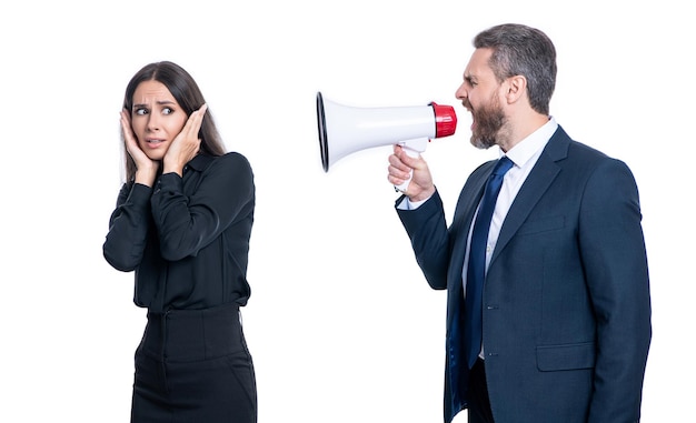 Businesspeople yell arguing with loudspeaker in studio businesspeople arguing with loudspeaker