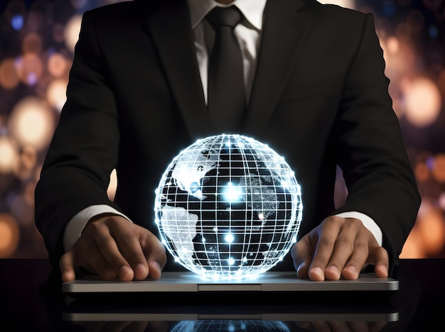 Businessperson hand holding laptop with globe icon