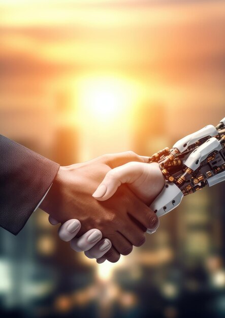 Businessperson human hand And robot are shaking hands sunset meeting Generative Ai