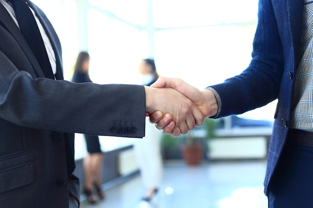 Businesss and office concept - two businessmen shaking hands in office