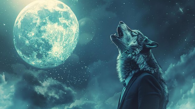 A businesssuited wolf howling success strategies at the moon in a surreal