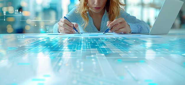 オフィスの透明なインターフェースでデジタルデータのトレンドを分析する女性ビジネスマン
