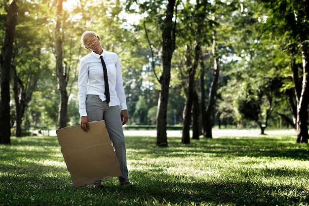 Businesswoman Blank Placard Standing Strategy Concept