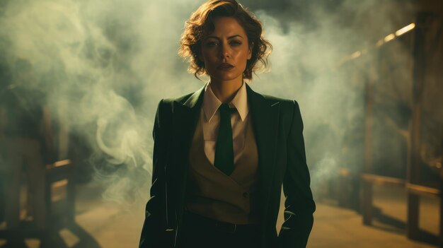 A businesswoman in a brown blazer standing in front of smoke backlit ai generated