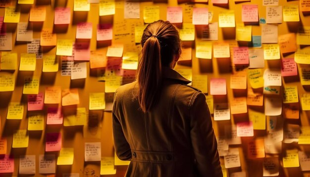 Businesswoman and businessman brainstorming sticky ideas on office window wall generated by AI