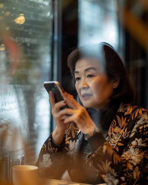 Photo businesswoman captured mid conversation