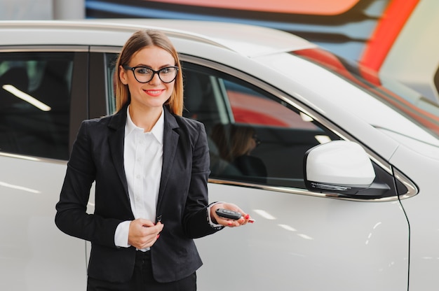 Businesswoman in car showroom