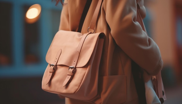 Businesswoman carrying briefcase and backpack in winter generated by AI