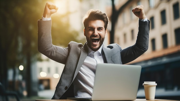 Photo a businesswoman celebrates with her arms up while looking a laptop in a happy and successful pose