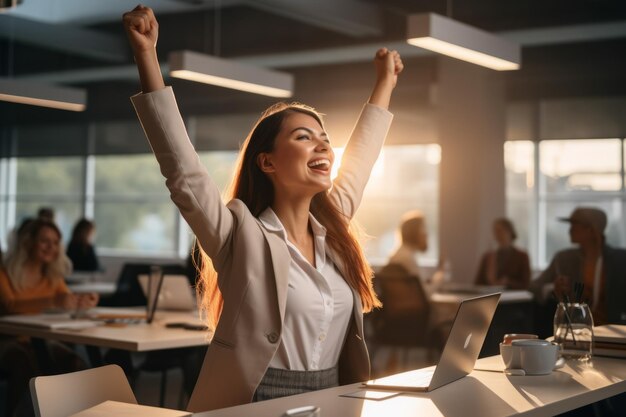 Businesswoman celebrating her success in the office