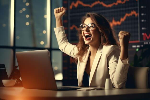 Foto una donna d'affari che celebra il successo con un'ai generativa