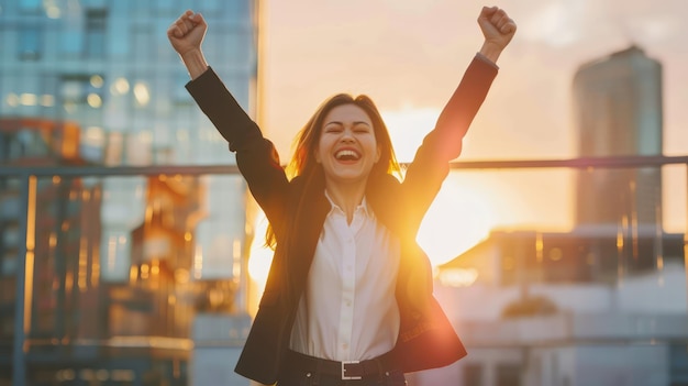 Photo businesswoman celebrating the successful completion of project goals