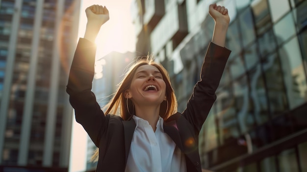 Photo businesswoman celebrating the successful completion of project goals