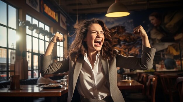 Photo businesswoman celebrating wildly