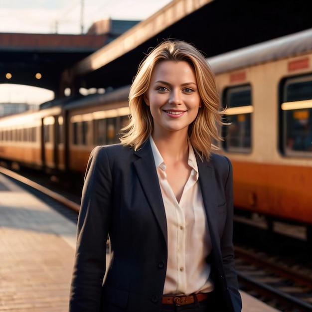 Businesswoman commuting in front of train station