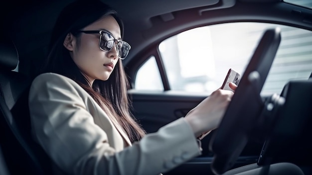 Businesswoman in a contemporary vehicle holding a smartphone The Generative AI