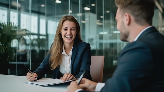 Businesswoman cooperation writing document